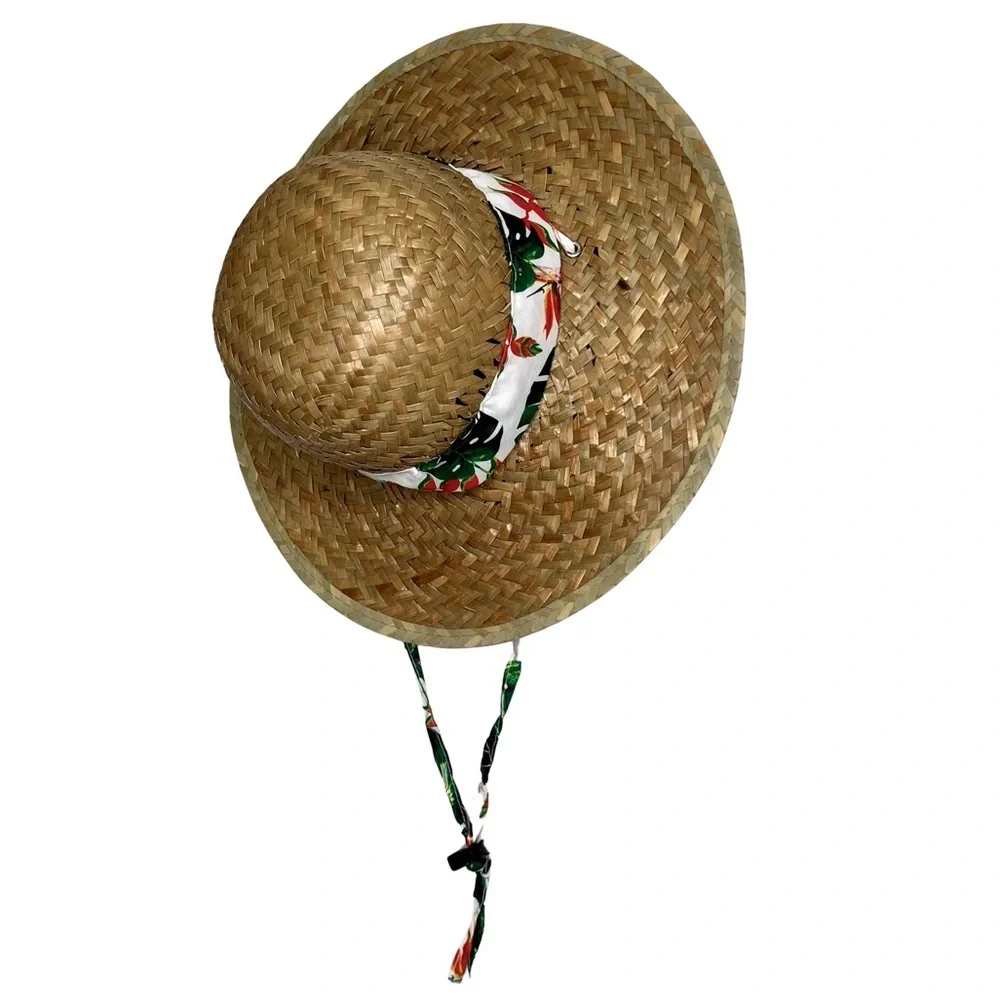 Straw Sun Hat Goldcoast Sunwear Tropical Floral Palm Leaf Band Tan White Green